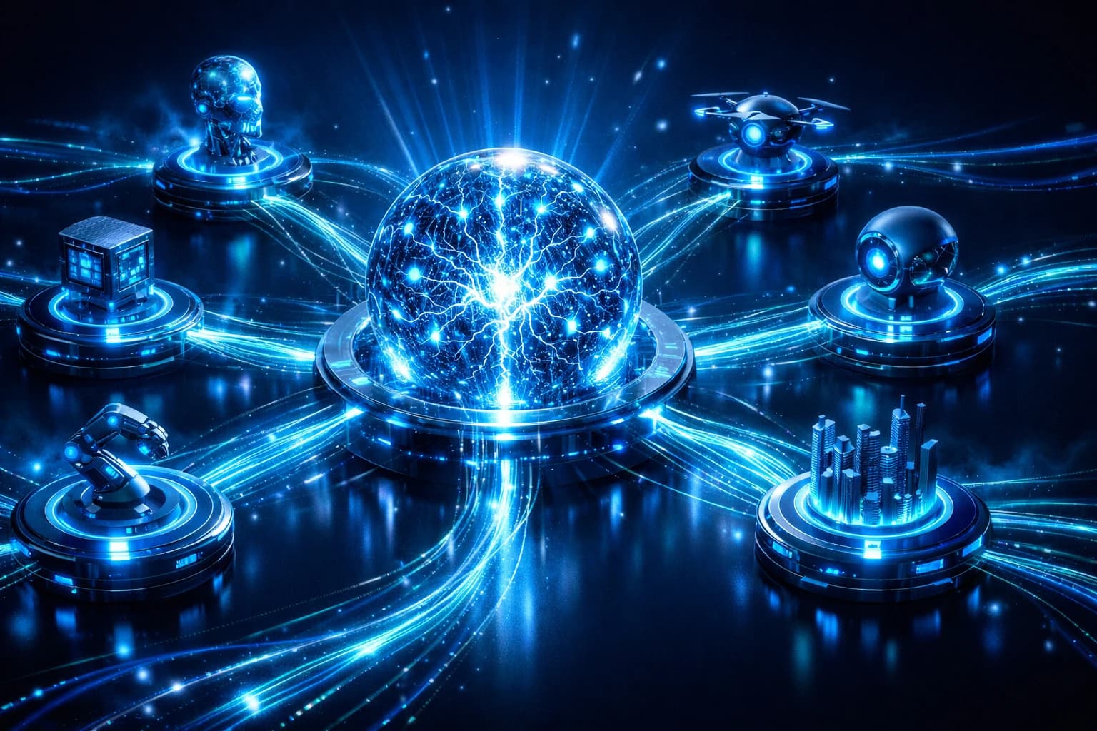 Futuristic 3D illustration of a central blue energy core interconnected with five specialized nodes through flowing light streams, representing a Multi-Agent System architecture in autonomous corporate operation.